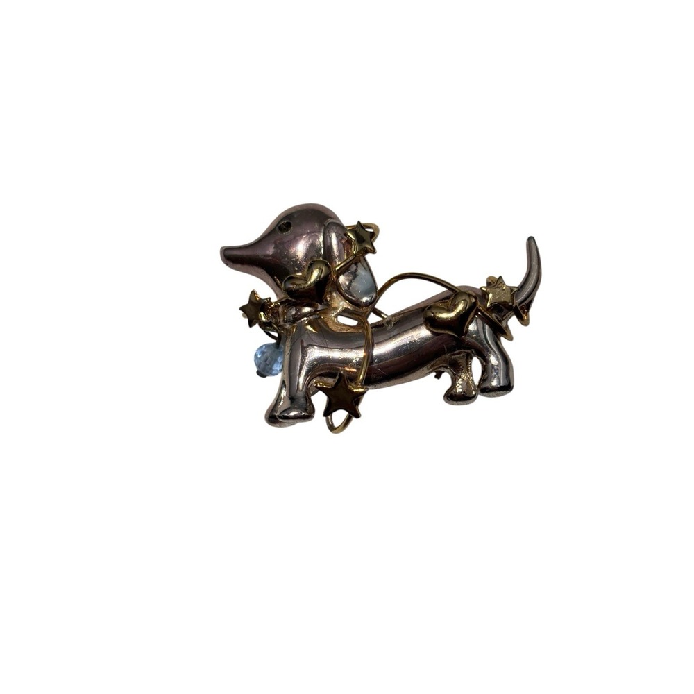 Vintage Signed Silver Tone Dachshund Dog Gold Tone Star Heart Wrap Brooch Pin